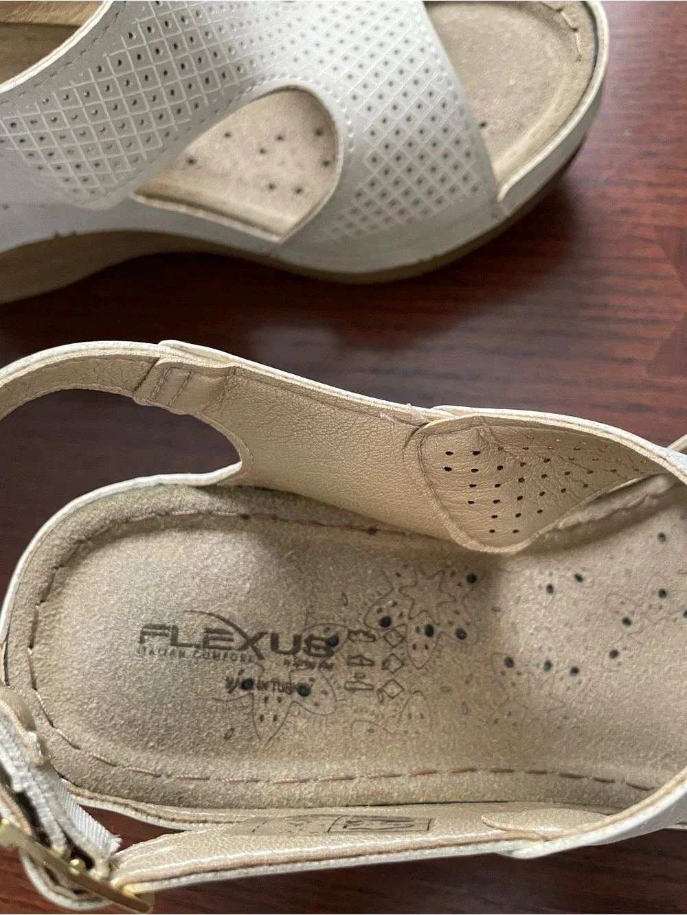 Neutral Perforated Wedge Sandals with Adjustable Ankle Strap